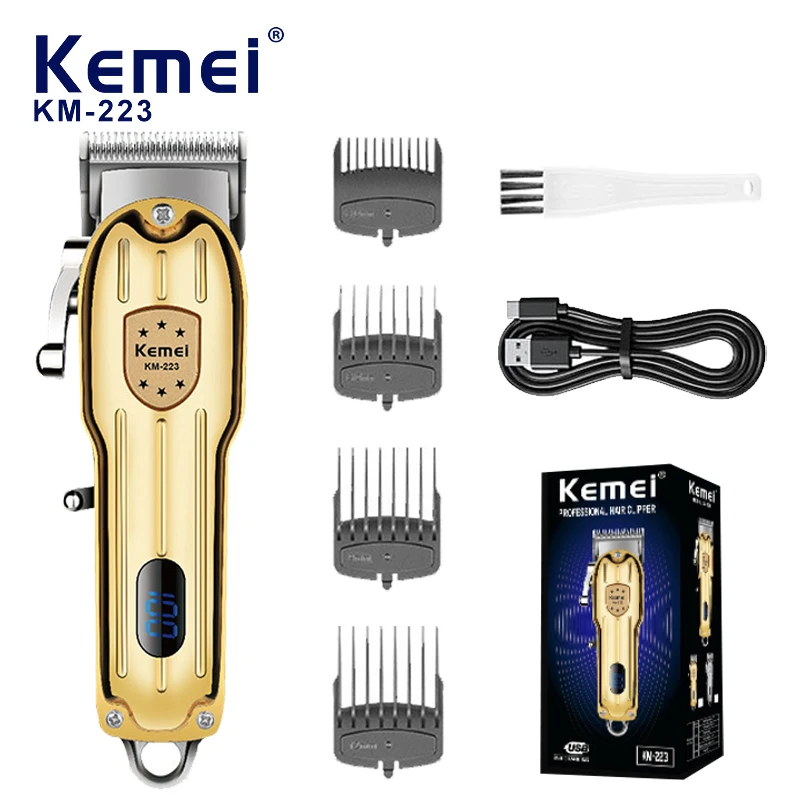 Kemei-男性用のゼログリップゴールドヘアクリッパー、プロの充電