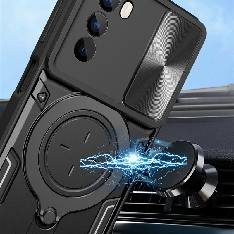 Magnetic Holder Ring Shockproof Armor Phone Case with Slide Camera Cover
