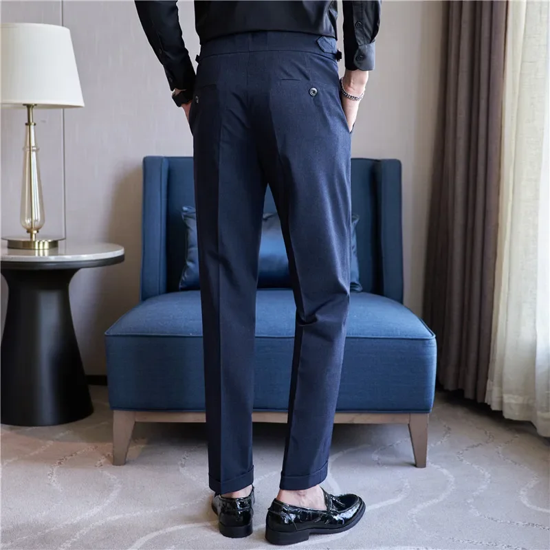 High Waist Suit Pants Men Trousers 2024 Autumn British Style Stretch Slim Pantalone Hombre Solid Casual Dress Pants Men Clothing