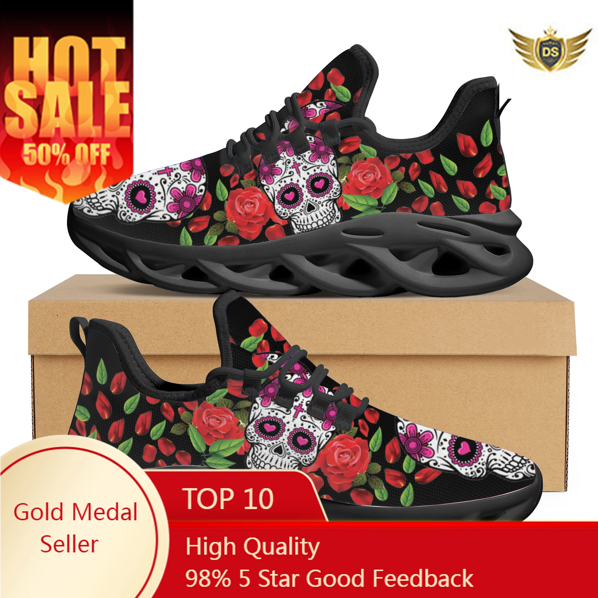

New Horror Skull Rose Brand Design Comfortable Running Shoes Gothic Trend Non-Slip Casual Lace Up Walking Shoes Chaussure Femme