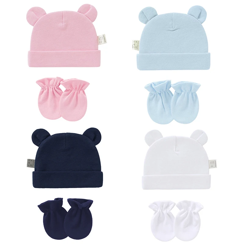 Newborn Birth Set Baby Hat+Gloves Soft Baby Nightcap With Ears Spring Summer Hat Gloves Kit Prevent Scratching Skin Infant Stuff 1