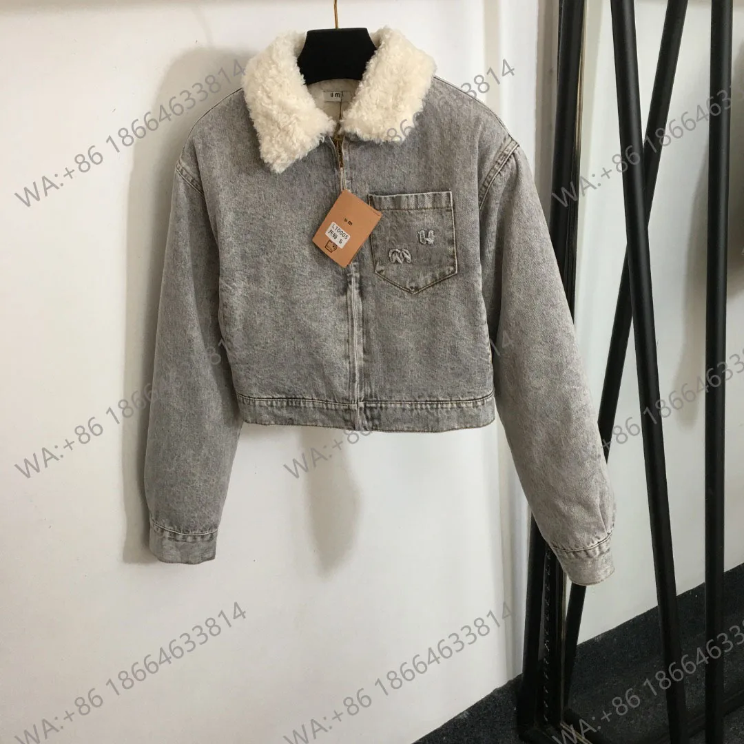 

New High Quality Chest Letter Embroidery Pocket Thickened and Warm Lamb Fur Inner Tank Lapel Long Sleeve Denim Coat