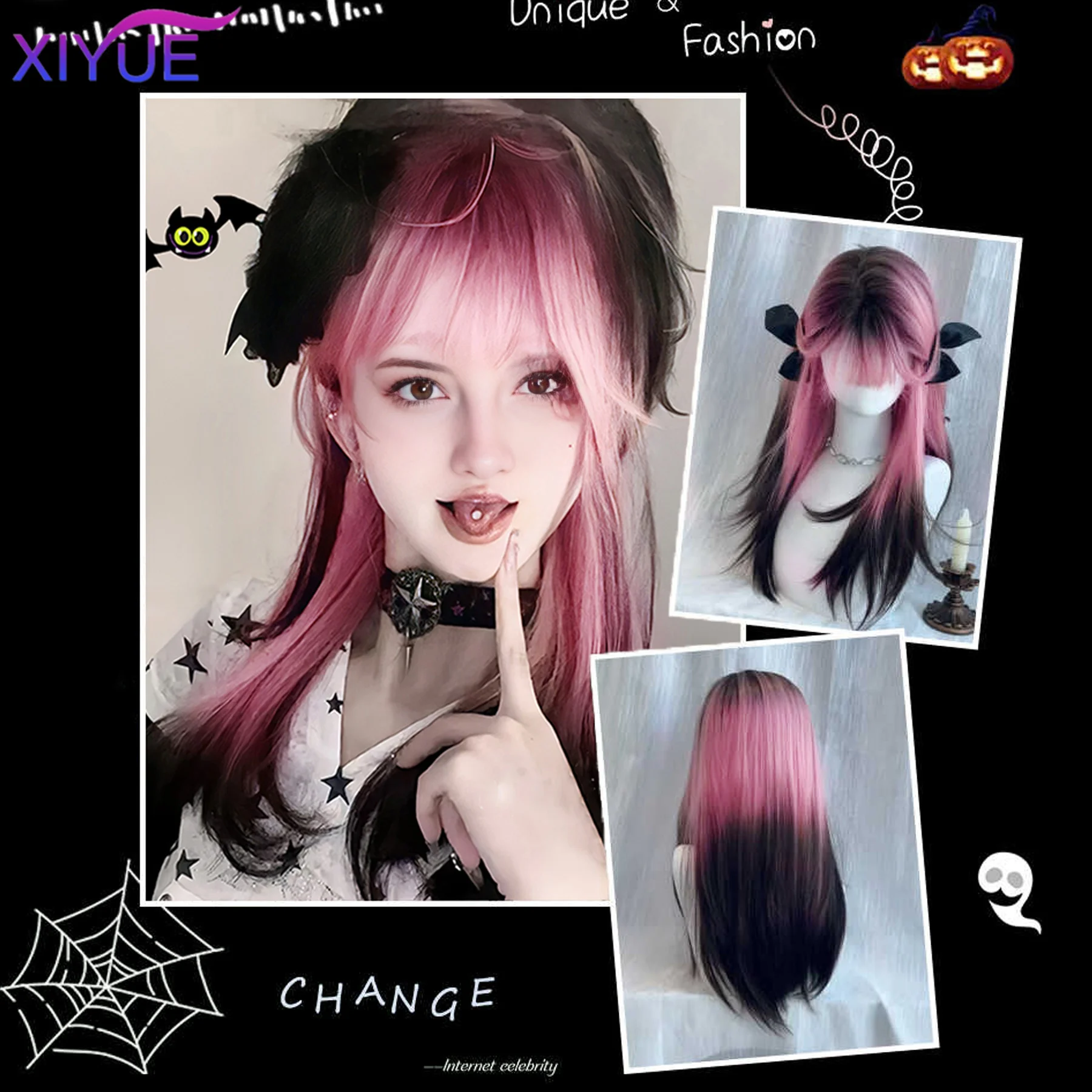 Black Pink Ombre Synthetic Wigs For Cosplay Long Wavy Layered Wigs With Bangs For Women Heat Resistant Fake Hair