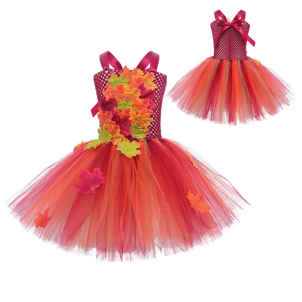 Toddler Girls Thanksgiving Day Dance Tutu Dress Cute Autumn Maple Leaves Tulle Princess Dress for Party