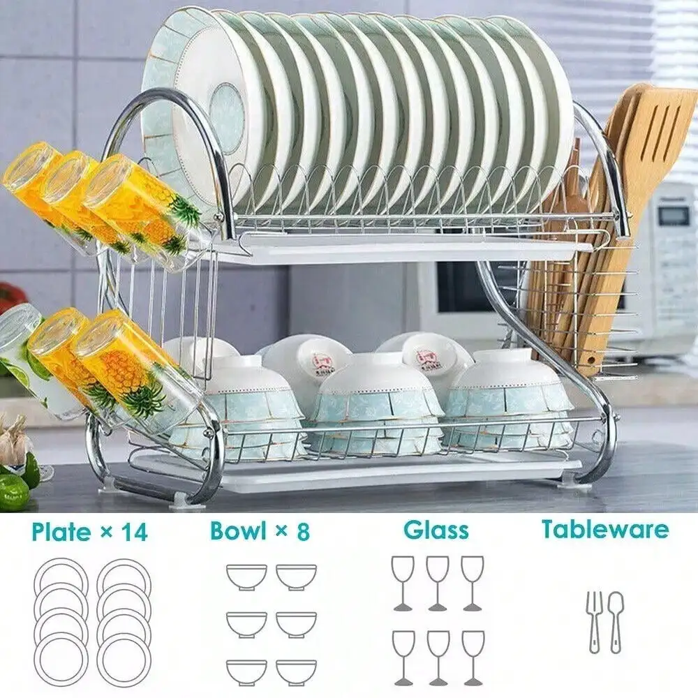 2-Tier Space-Saving Dish Drying Rack AU - Detachable Cutlery Tray & Plate Holder | Slim Design For Small Kitchens/Sink Counter