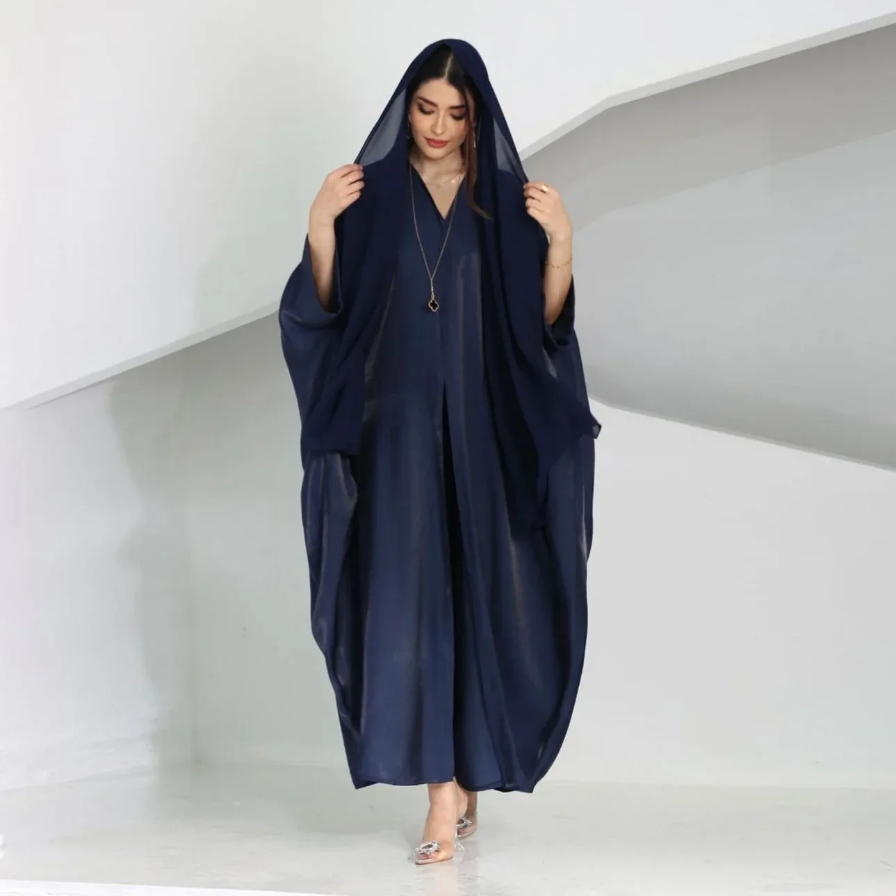 Bright Silk Satin Batwing Sleeve Cardigan Robe Modest Muslim Dubai Plus Size Kimono Open Abaya Dress Corban Eid Woman Dress