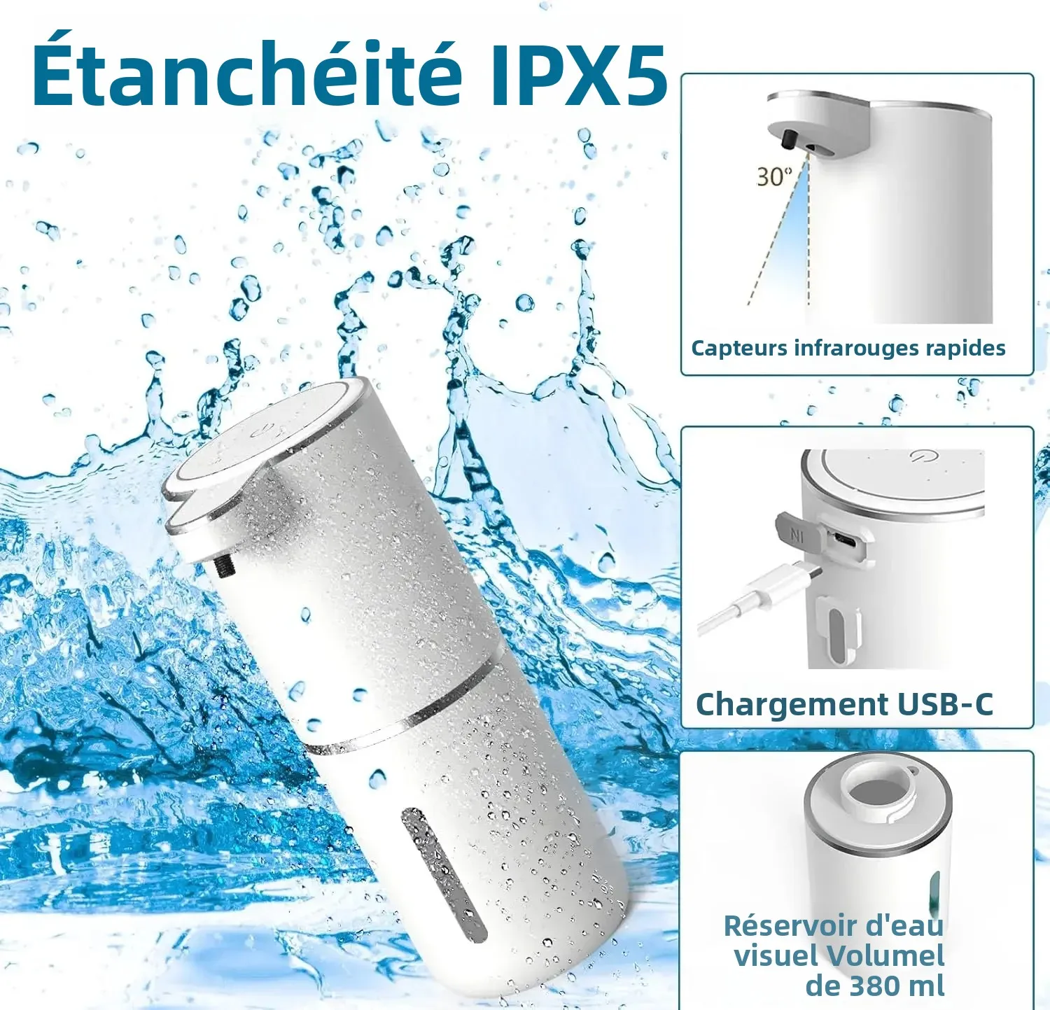 Lot de six recharges de gel hydroalcoolique alignées, compatibles avec le distributeur automatique sans contact.