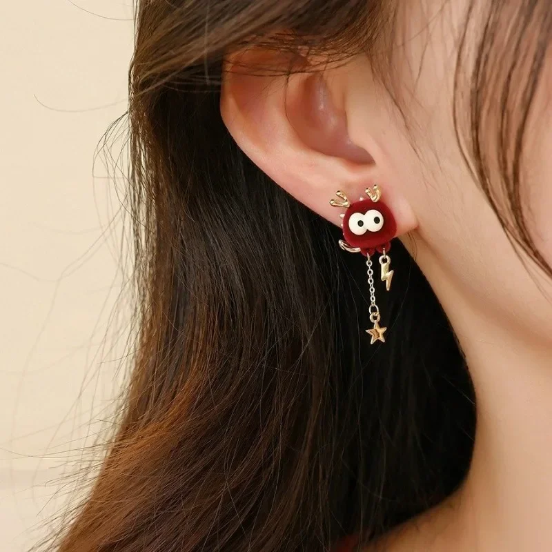 

2024 New Cartoon Red Flocking Earrings for Women Chinese Loong Earrings Jewelry for Women