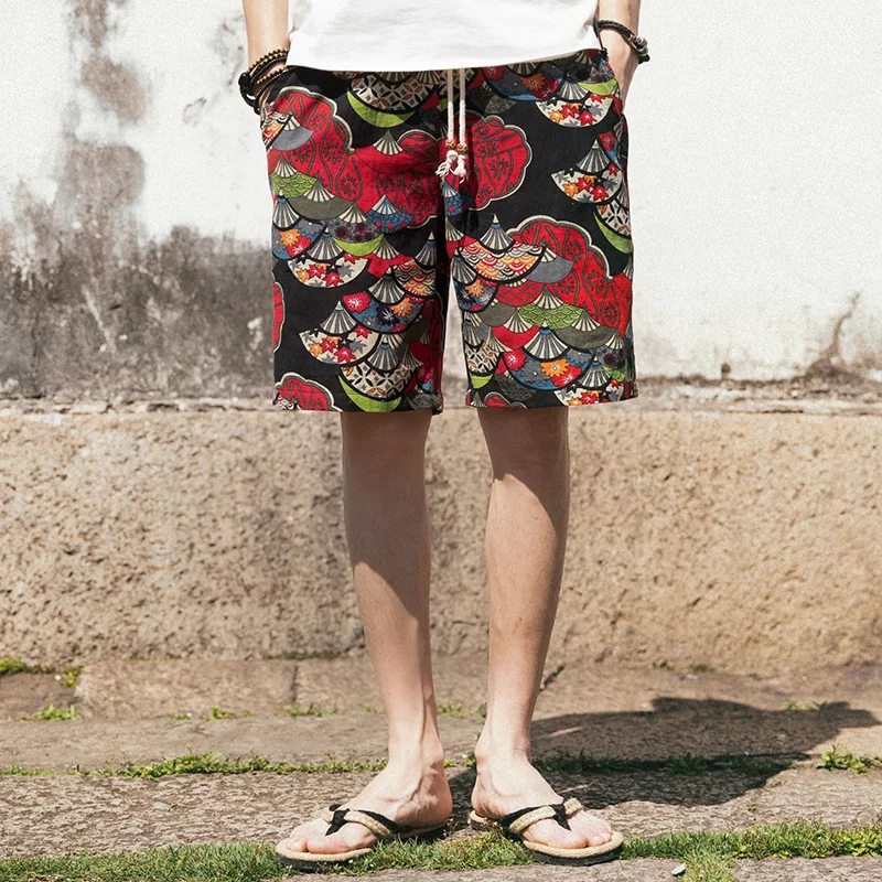 2023 Summer New Boutique Flower Cotton Linen Men's Casual Beach Shorts Men's Comfortable Breathable Leisure Shorts Male 2