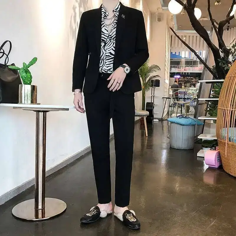 Suit Set Belt Slim Fit Korean Suit 2 Piece Blazer Men Tuxedo Belt Blazer Men Stylish Stage Party Club