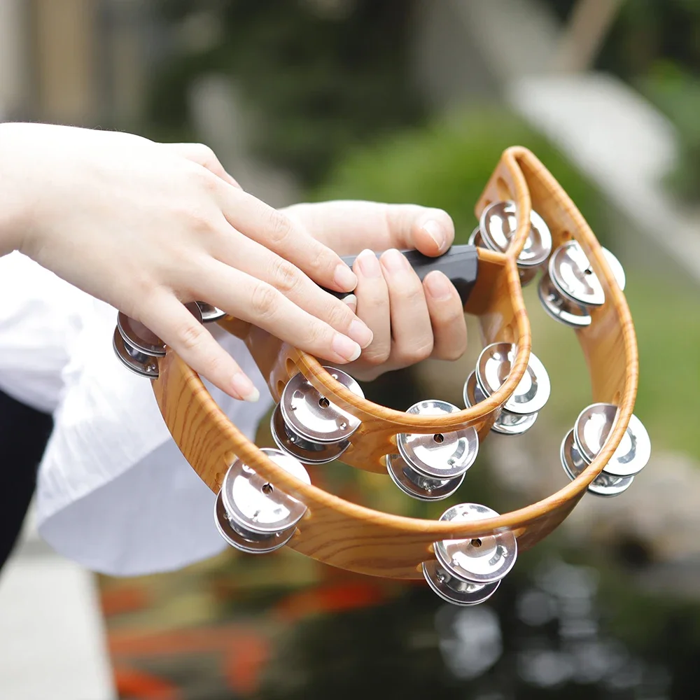 Coffee Coloured Double Decker Hand Rattle with Floral Pattern Percussion Musical Instruments Metal Bells Tambourine hand tambourine