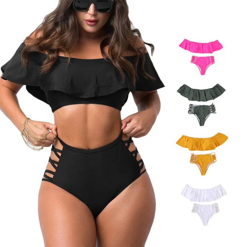 

European and American Large Size Split Swimsuit Women's Ruffled Shoulders Sexy Tight Solid Color Swimsuit Bikini