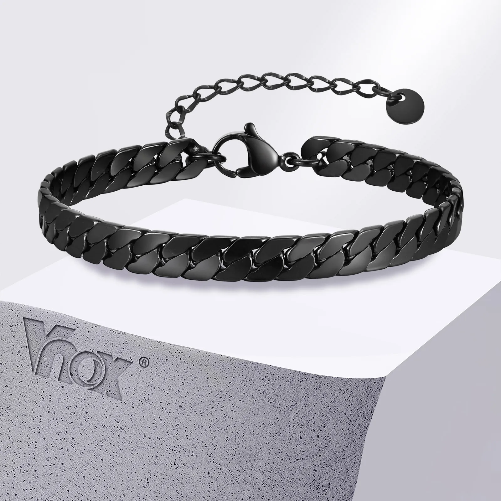 Vnox Gothic schwarze kubanische Kettenarmbänder für Herren, flaches Miami-Bordsteinglieder-Armband aus Edelstahl, einfacher Metallschmuck
