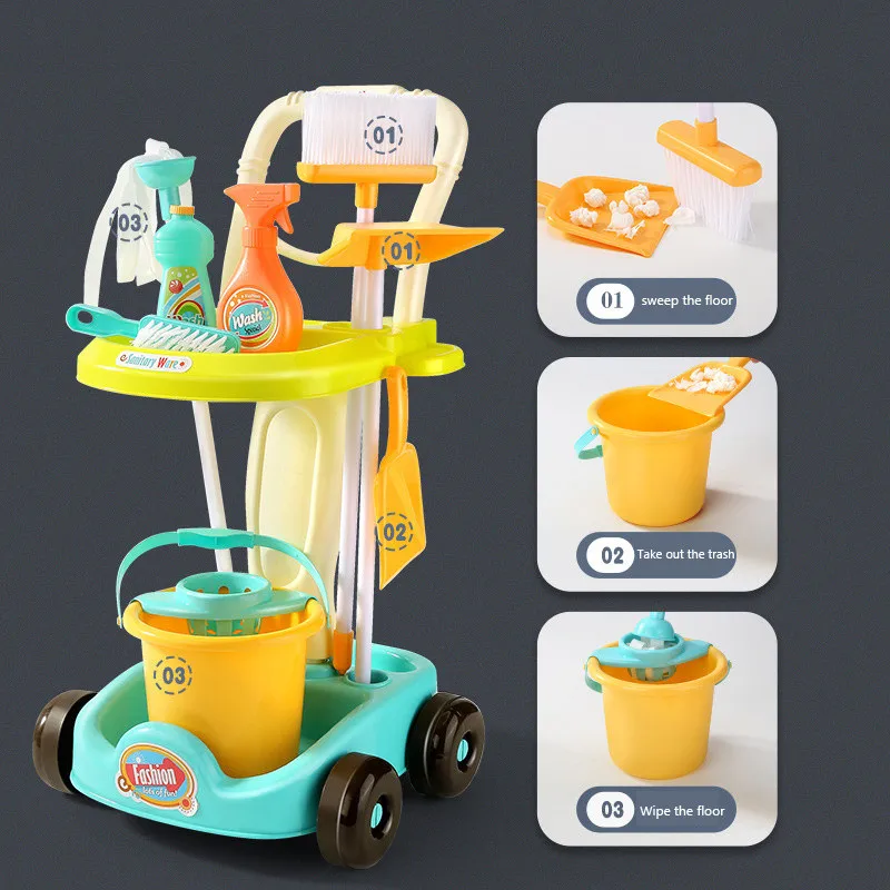 Children Simulation Sweeping Toy Cleaning Kit Tool Vacuum Cleaner Trolley Play House Pretend Cleaning Toy Gift