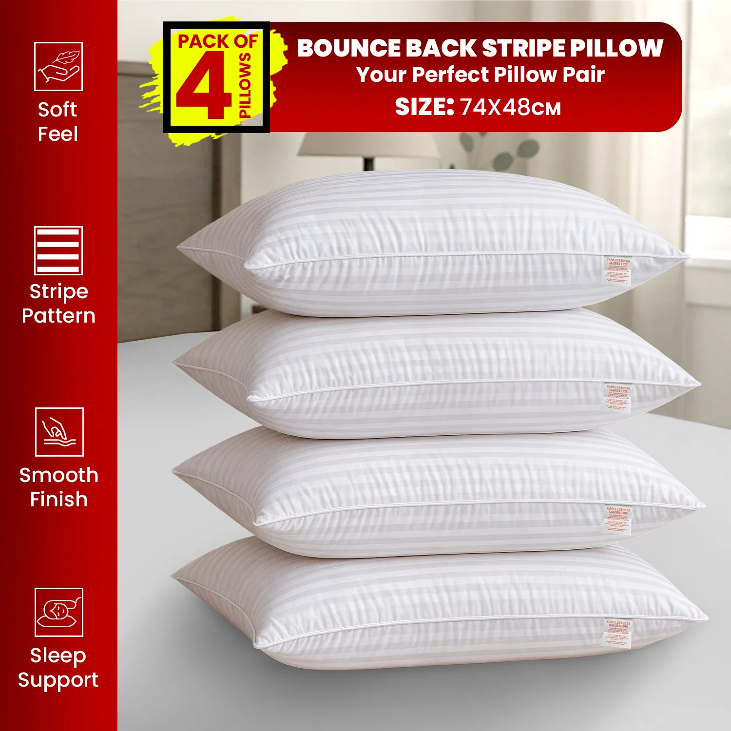 Hotel-Style 4-Pack Stripe Bed Pillows | Generously Filled for Plush Comfort | Soft Touch Fabric with Bounce Back Support | Ideal