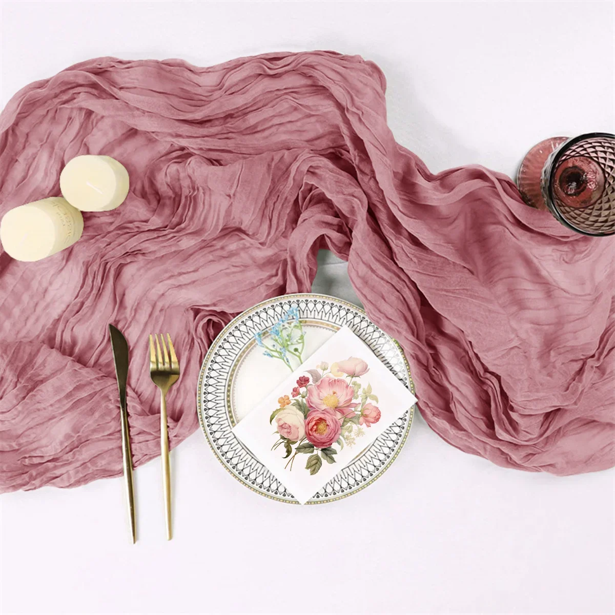 31.5IN X 118.11IN Christmas Table Runner, Rustic Polyester Cheesecloth Tableclot