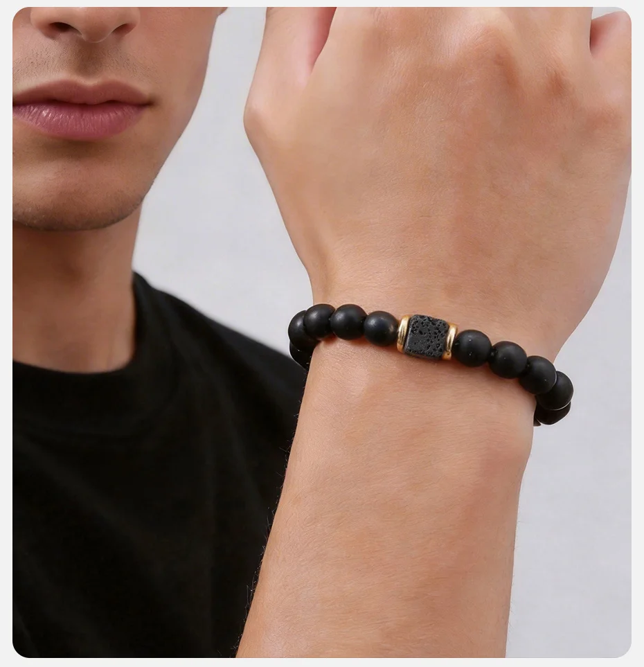 Vnox Armband aus natürlichem Lavastein, schwarzer Achat, quadratische Perlen, elastisch, Stretch, Energie-Schmuck, modische Geschenke für Männer und Frauen – Detail 3