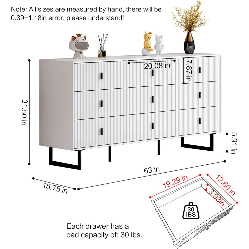 White 9 Drawer Dresser for Bedroom, Large Double Dresser with Wide Drawers, Modern Chest of Drawers,Storage Organizer Dresser 2