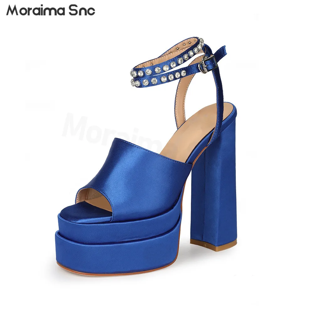 

Blue Thick-Heeled Thick-Soled Rhinestone Sandals Diamond Word Buckle Platform High-Heeled Sandals Fashion Banquet Women's Shoes