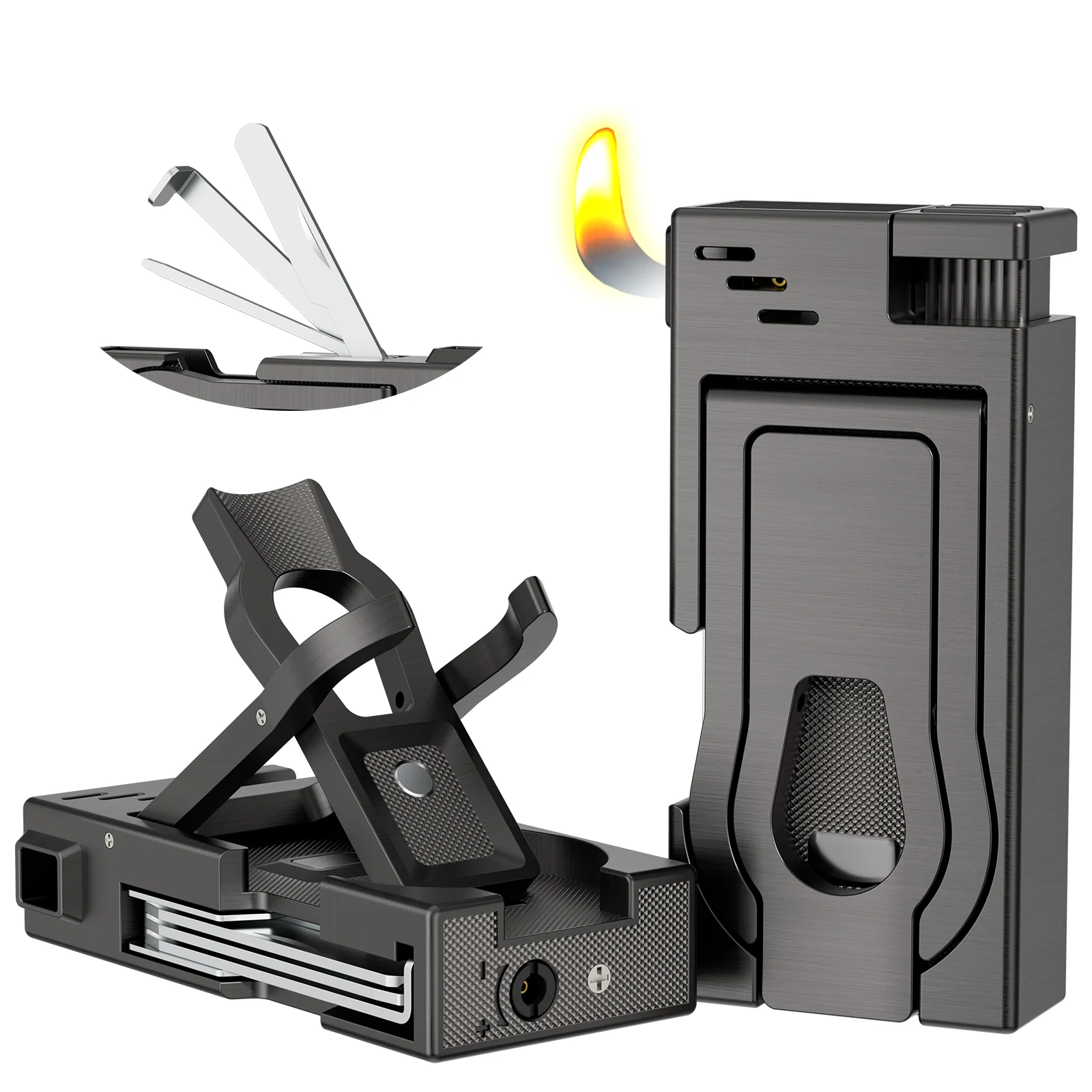 Multifunctional Pipe Lighter Built-in Stand 3 in 1 Cleaner Tools Refillable Butane Angled Soft Flame