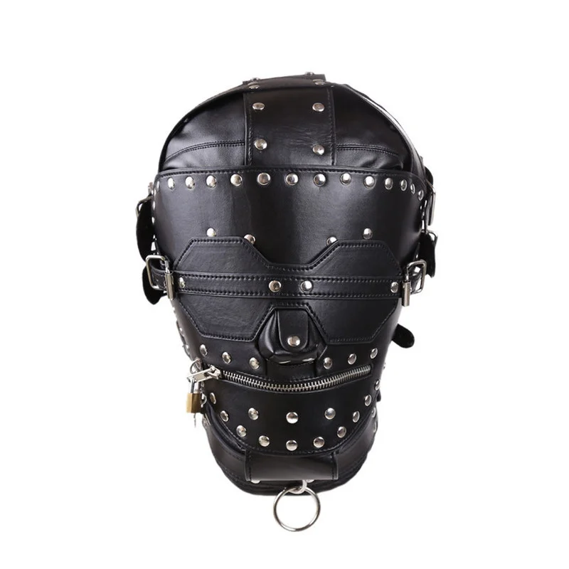 Benda imbottita in pelle SM con lucchetto, maschera con imbracatura per la testa, bondage BDSM, giocattoli sessuali per coppie_voghion.com