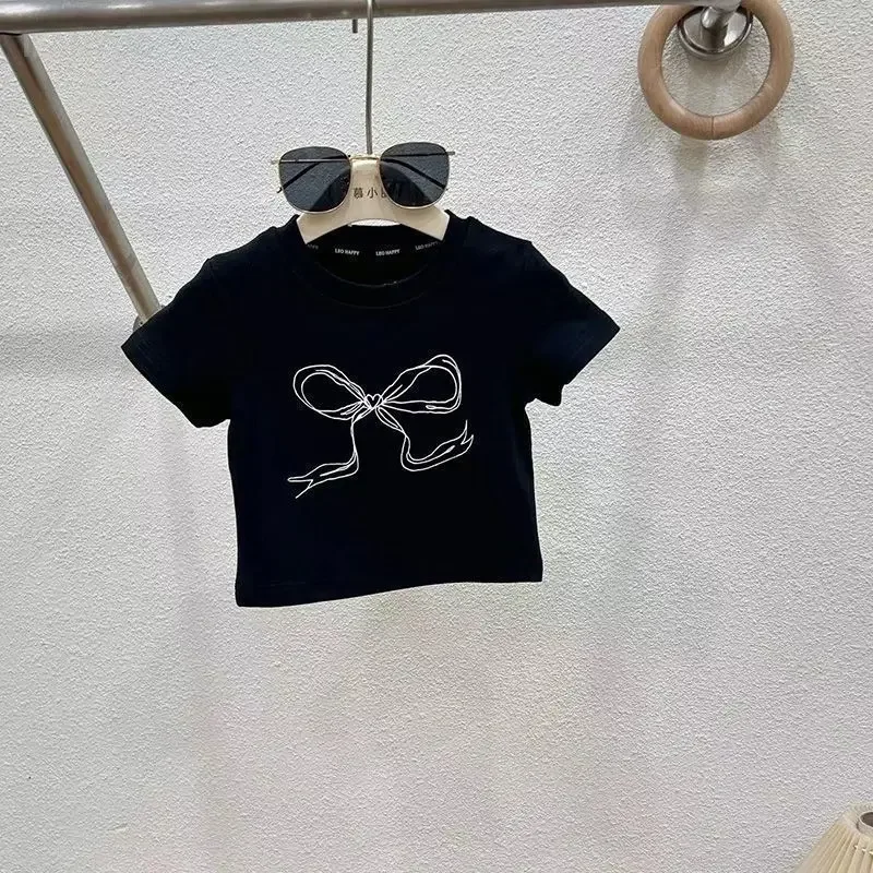 3-8T Girls Children's Clothing Set Spring Summer Milk Silk Bow Printed Short Sleeve Shirt Jeans Pants kids clothing set girls clothing set