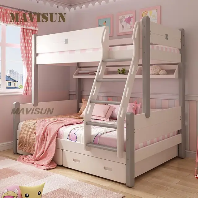 Nordic Style Small Apartment All Solid Wood Bunk Bed With Slide Princess Up Down Children Bedroom Bed Multifunctional Furniture
