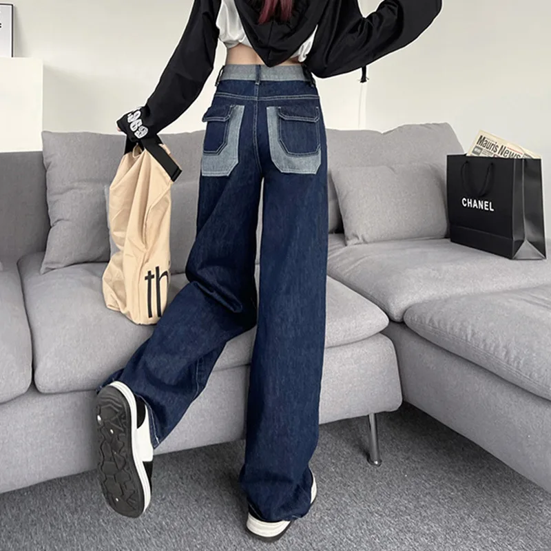 

2023 New Vintage Dark Jeans Women's Patchwork Pockets Loose Wide Leg Pants Women's Casual High Waist Straight Pants