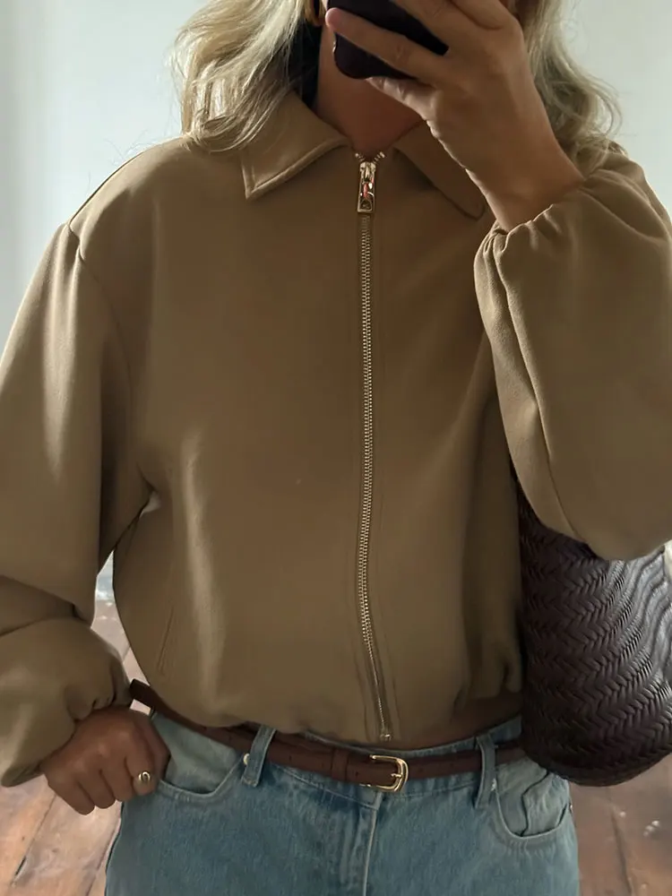 HH Women Casual Solid Short Coat Turn Down Collar Long Sleeve Zipper Jacket Fashion 2025 Autumn Office Lady Basics Outerwear