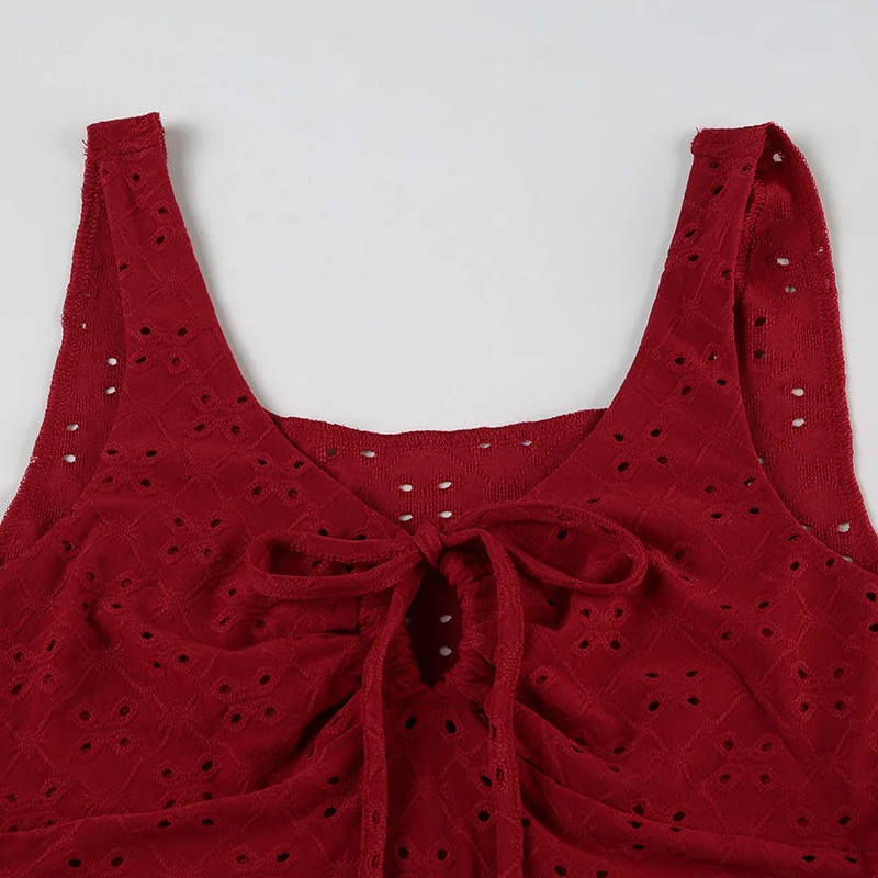 Blusas exquisitas con cuello en V, espalda descubierta y sin mangas con encaje rojo navideño para mujer