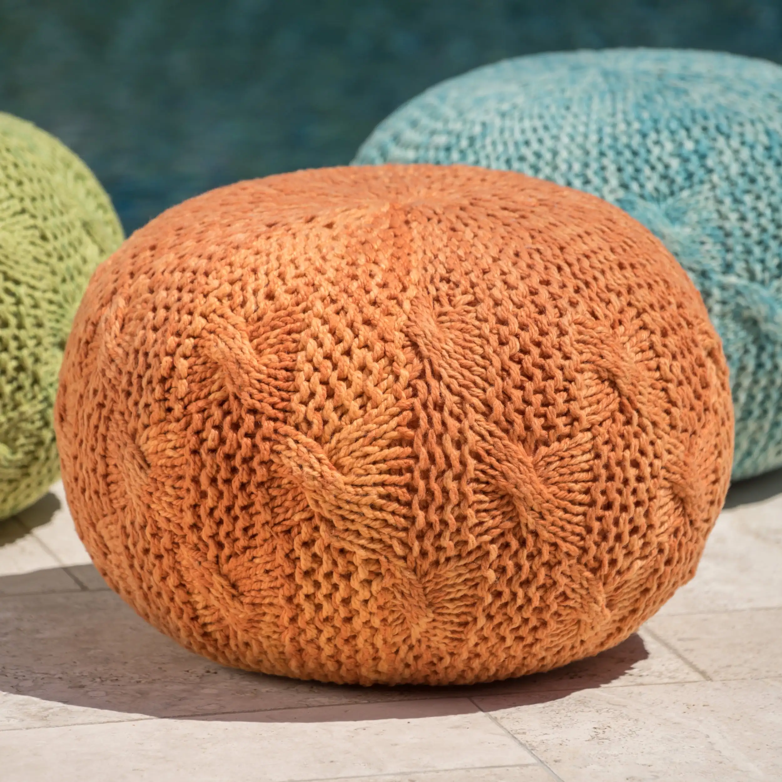 

Noble House High Load-bearing Strong Stable and Durable Zyaire Indoor Outdoor Hand Knitted Weave Fabric Pouf Orange