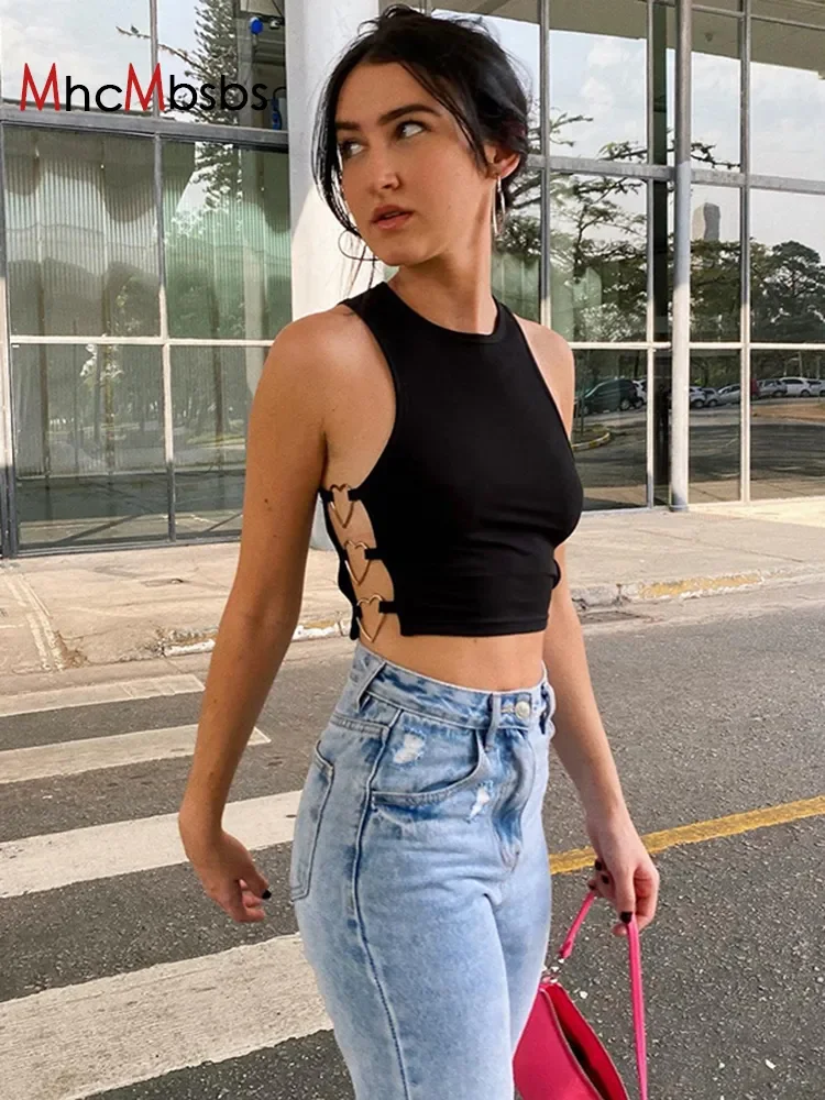 

Sleeveless O Neck Hollow Out Slim T-Shirts Women Black Goth Grunge Clothes 2022 Summer Harajuku Lolita Tee Shirt Streetwear