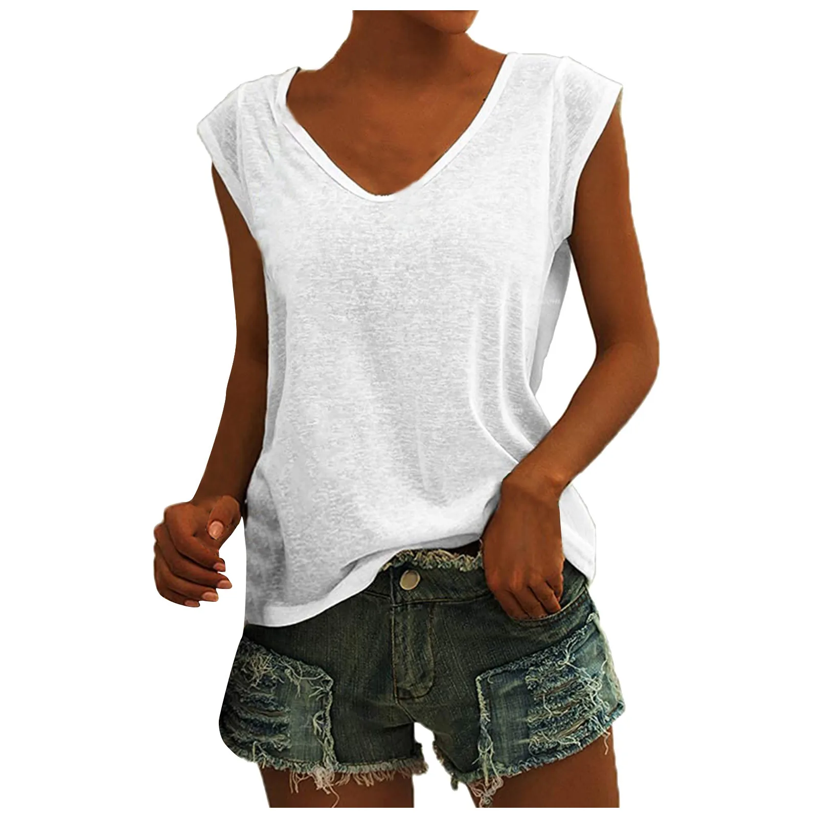 Camisola regata com decote em v feminina, camiseta casual, colete de manga, blusa monocromática solta, fit fit, tops femininos