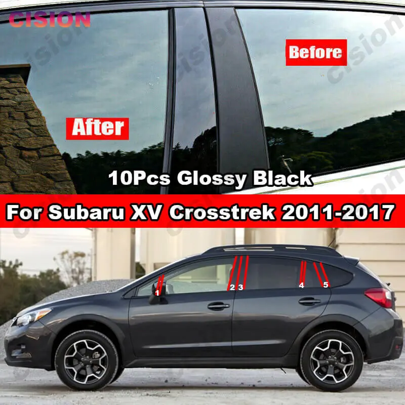 스바루 XV Crosstrek 2011-2017 용 광택 블랙 미러 효과, 자동차 창 도어 컬럼 B C 기둥 포스트 PC 커버 트림 탄소 섬유
