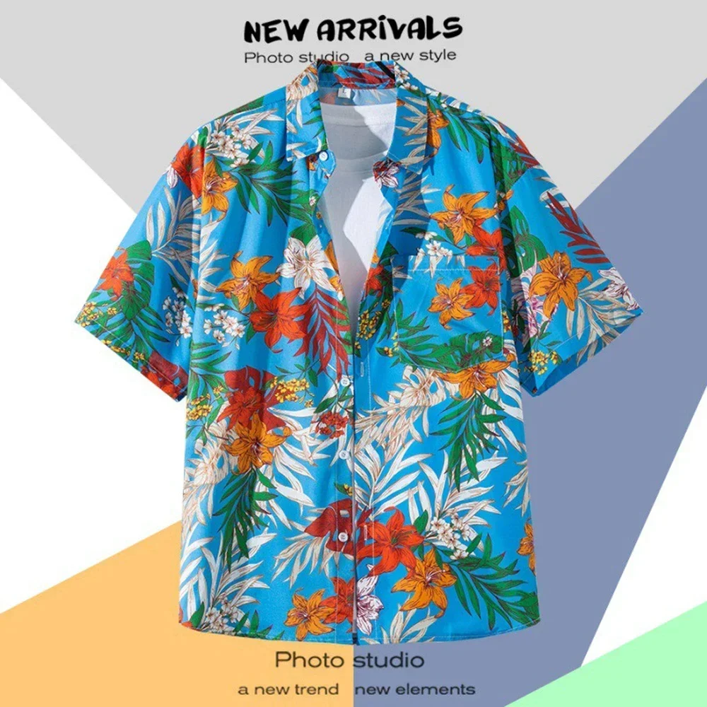 Men's Hawaiian Shirt Retro Printing Single-breasted Beach Short-sleeved T-shirt Summer Holiday Masquerade