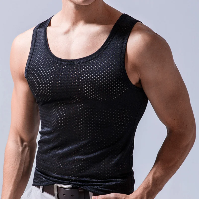 Men Ice Silk Tank Tops Underwear Mens Undershirt Transparent Shirts Male Bodyshaper Fitness Wrestling Mesh Breathable Singlets