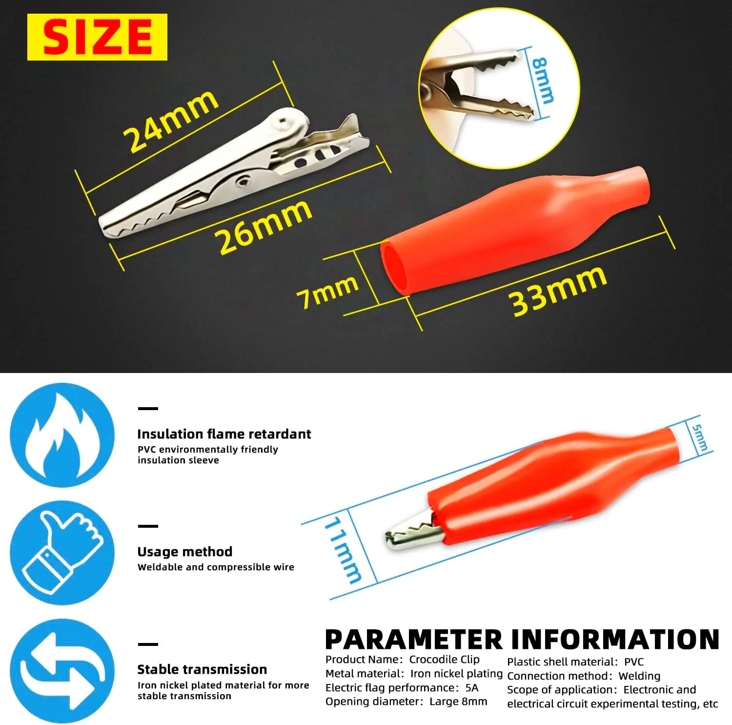20pcs/lot 28mm 35mm 45mm Metal Alligator Clip Crocodile Electrical Clamp for Testing Probe Meter Black and Red with Plastic Boot