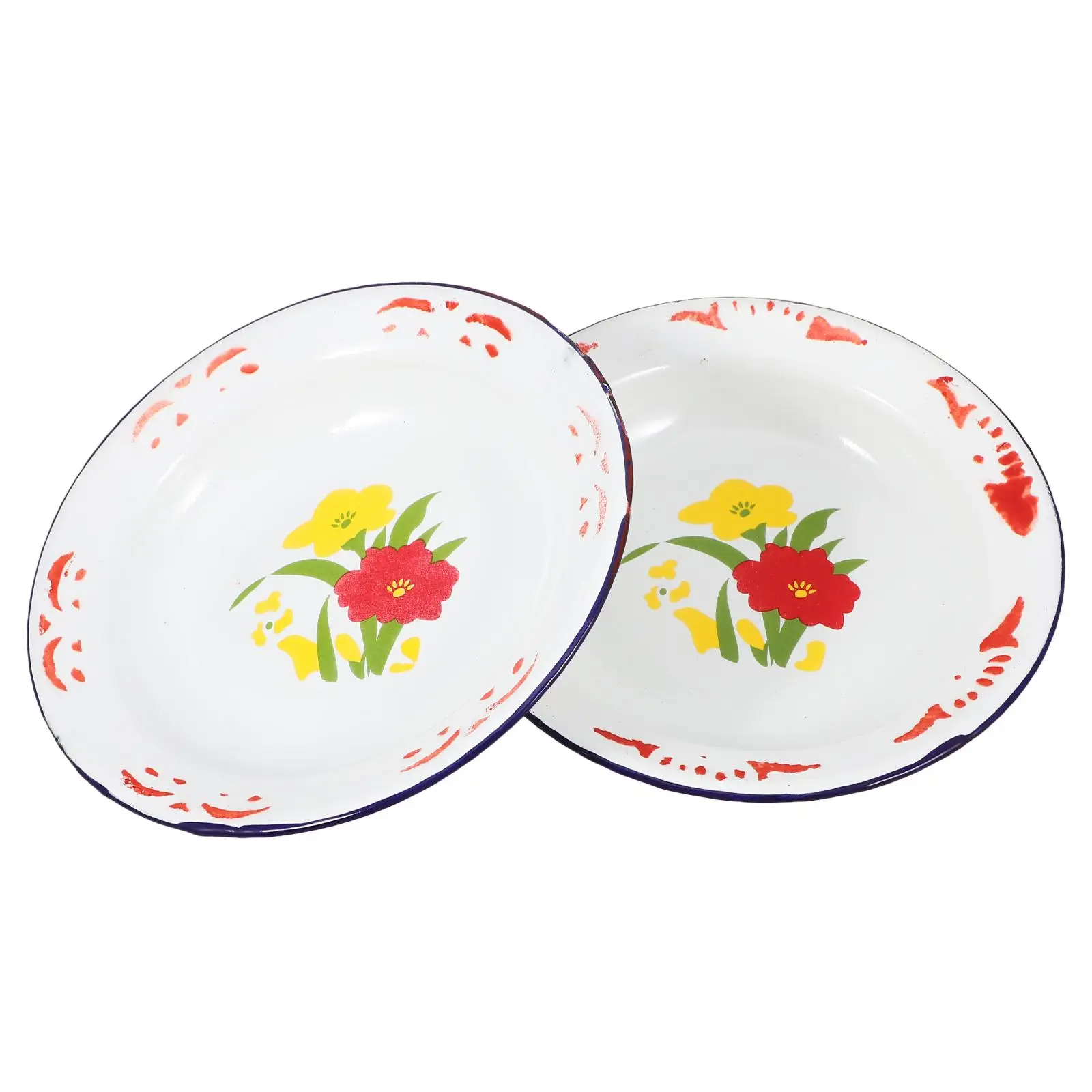 2 Pcs Enamel Plate Vintage Food Tray Camping Dishes Washing Platter Plates Enamelware Salad Enamel Preservation Bowl