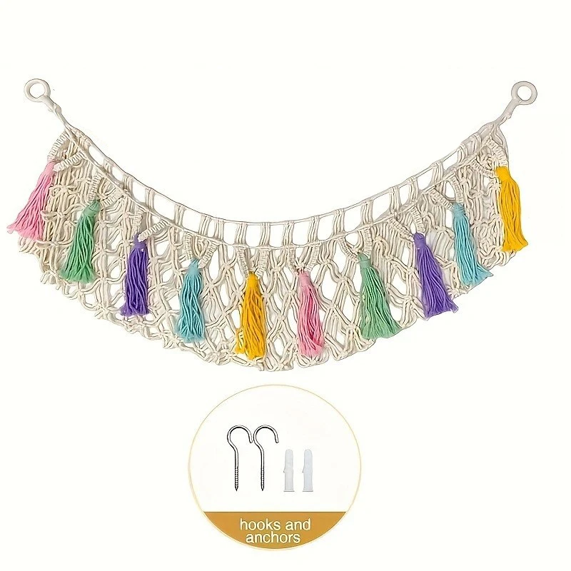 Organisateur de rangement de jouets en peluche, étagère murale en Polyester de grande capacité avec glands colorés pour chambre à coucher, salon, décoration de la maison