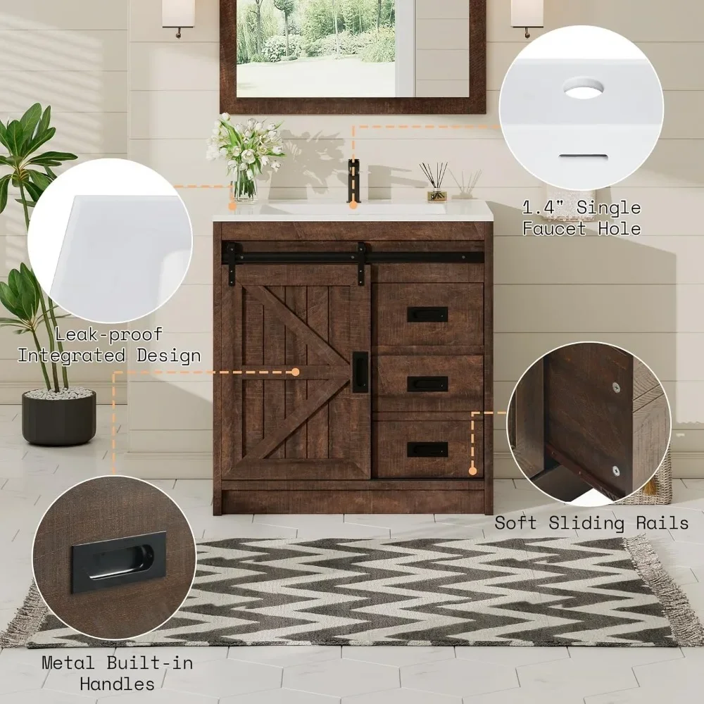 Farmhouse Bathroom Vanity with Sink Combo,Sliding Barn Door Bathroom Vanity Cabinet Set with Storage Drawers, Metal Handles 5
