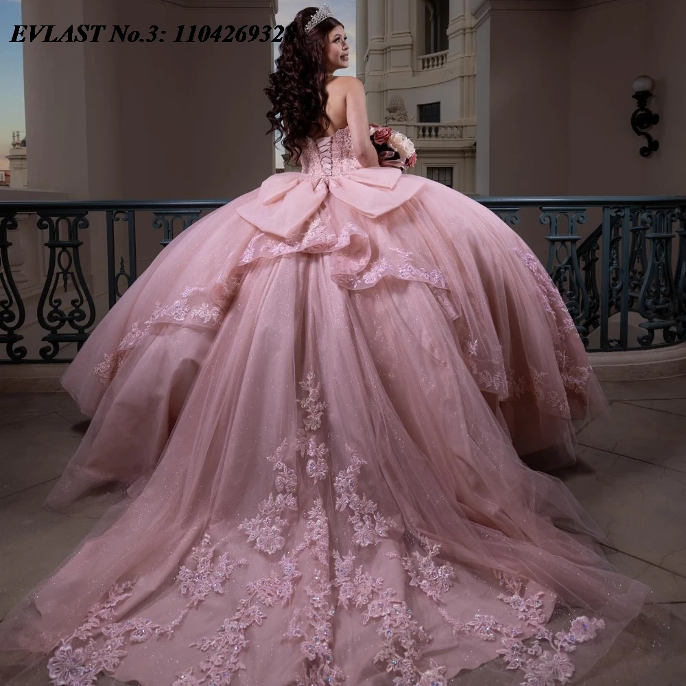 EVLAST Sparkly Pink Quinceanera Ball Gown Lace Applique Beading Bow Tiered Sweet 16 Dress E3Q188