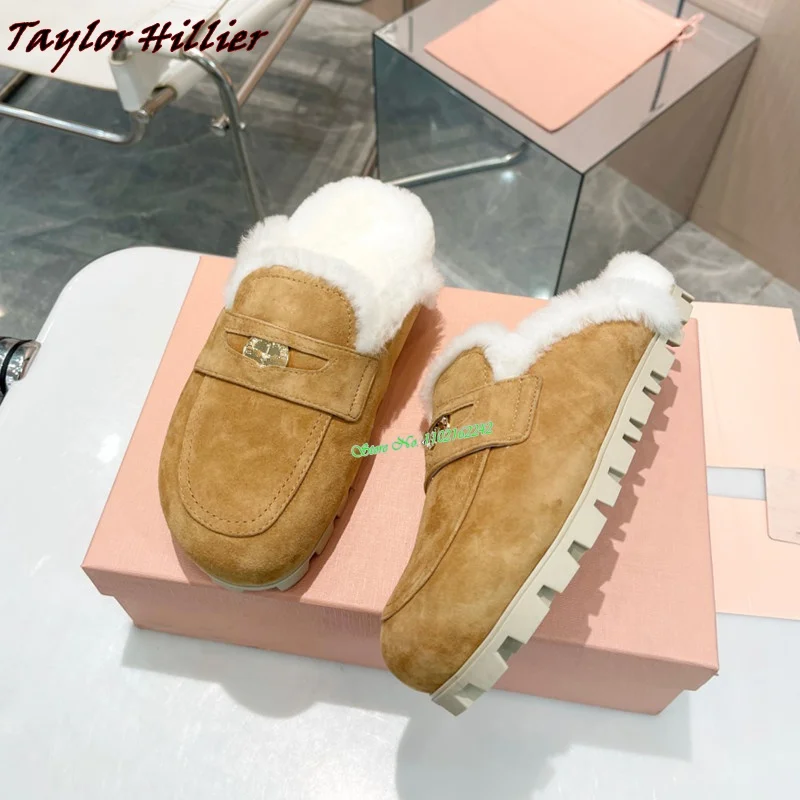 

2023 Autumn New Retro Outerwear Furry Slippers Round Toe Non-Slip Flat Bottom Comfortable Thick Soled Leather Slippers Women 40
