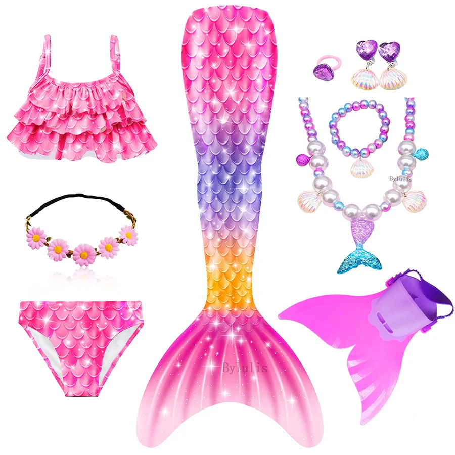 Kids Girls Swimming Mermaid Tail Costume Cosplay with Monofin Princess Dress Swimsuit Bikini Bathing Suit for Swim