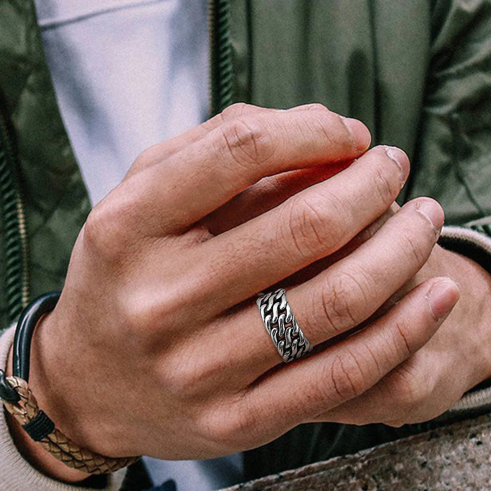 10mm Stainless Steel Twisted Cuban Chain Wedding Bands Rings