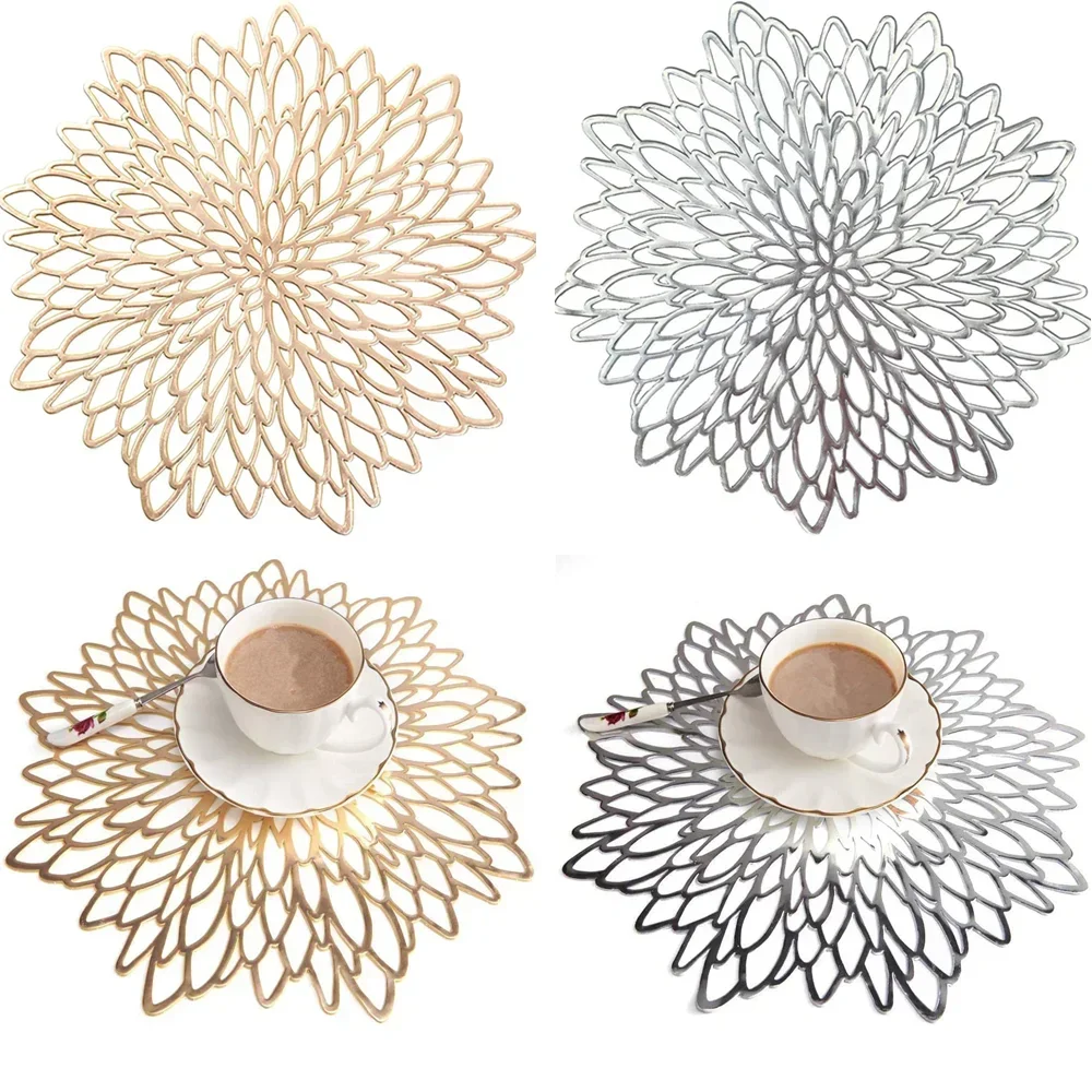 Hibiscus Flower Bronzing PVC Placemat Table Mat Hollow Insulation Coaster Bowl Pads Home Christmas Decor Heat Resistant