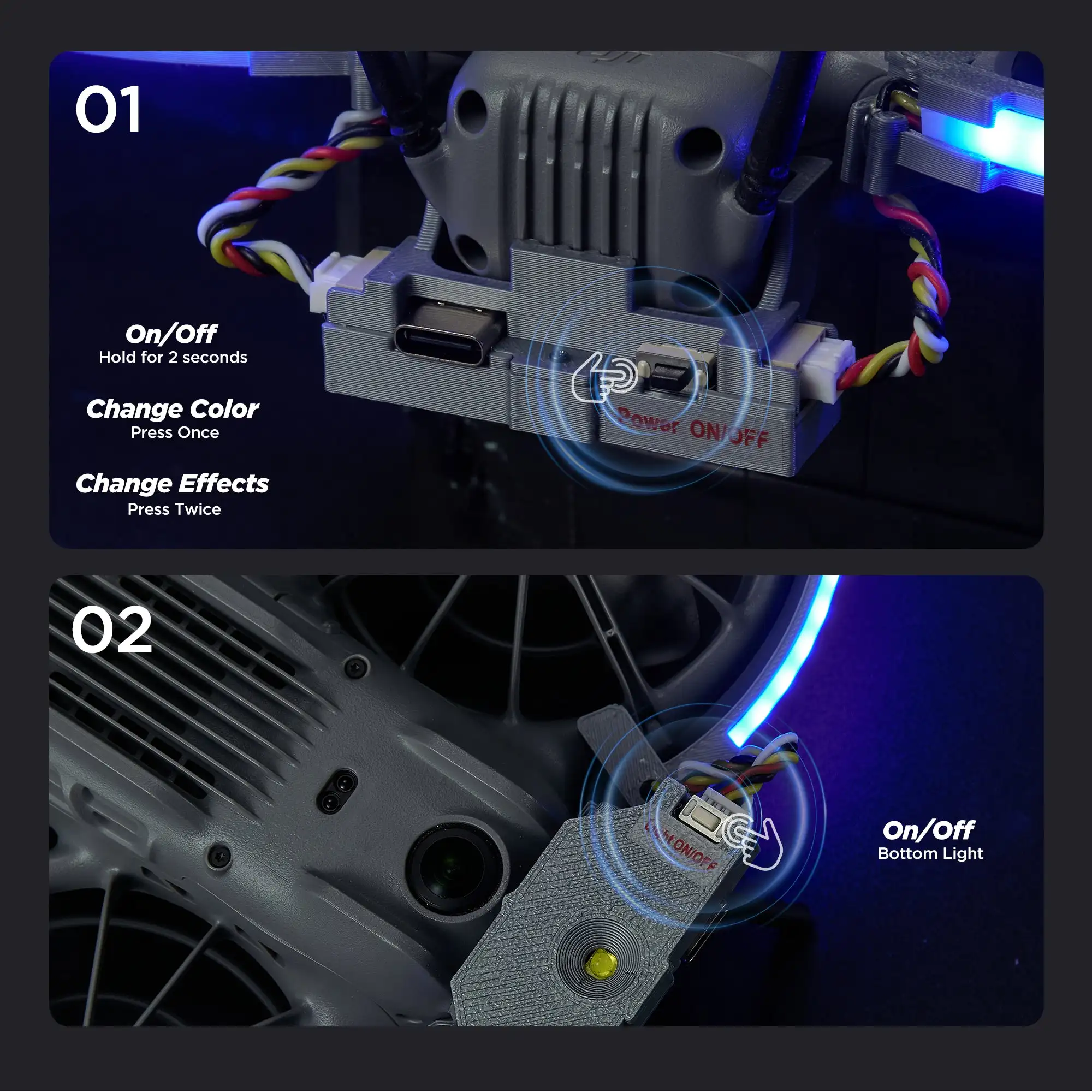 Vue rapprochée du VIFLY Neo2Halo montrant ses 80 LED multicolores et son boîtier noir.