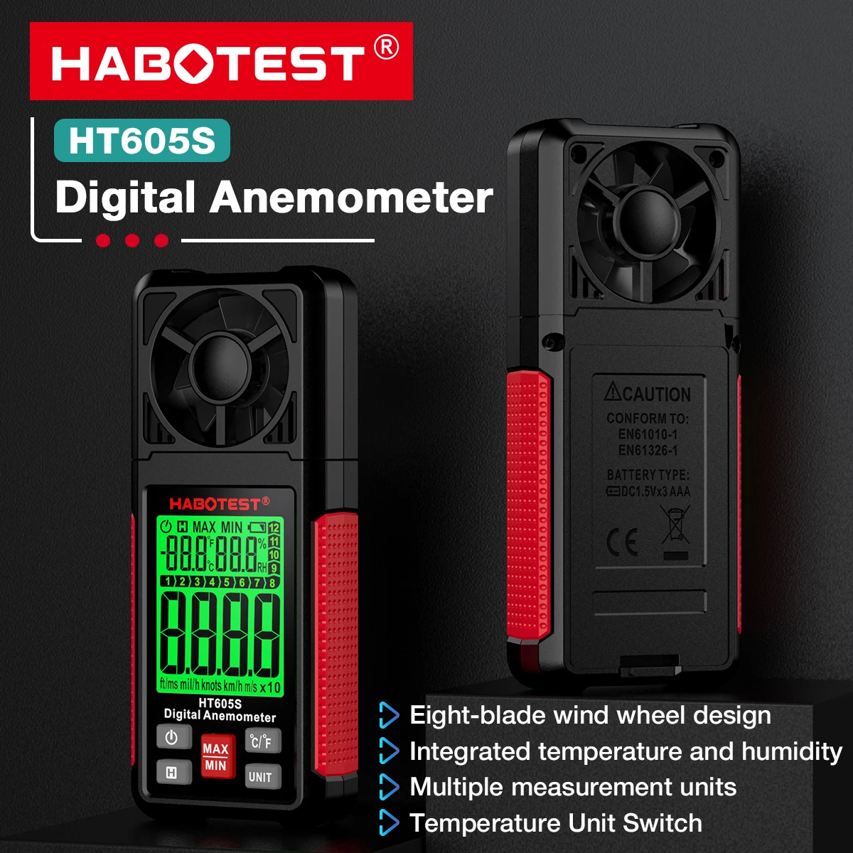 Digital Anemometer Wind Speed Meter with Backlight LCD Screen Air Flow Meter for Sailing Surfing Drone Flying HABOTEST HT605S