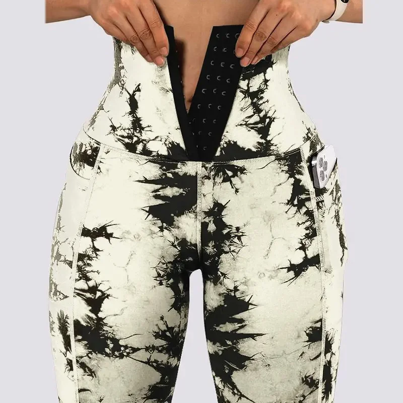Spring and Fall Yoga Exercise Leggings Fashion Women's Tie-dye Patchwork Pocket Large Size Breathable Tight