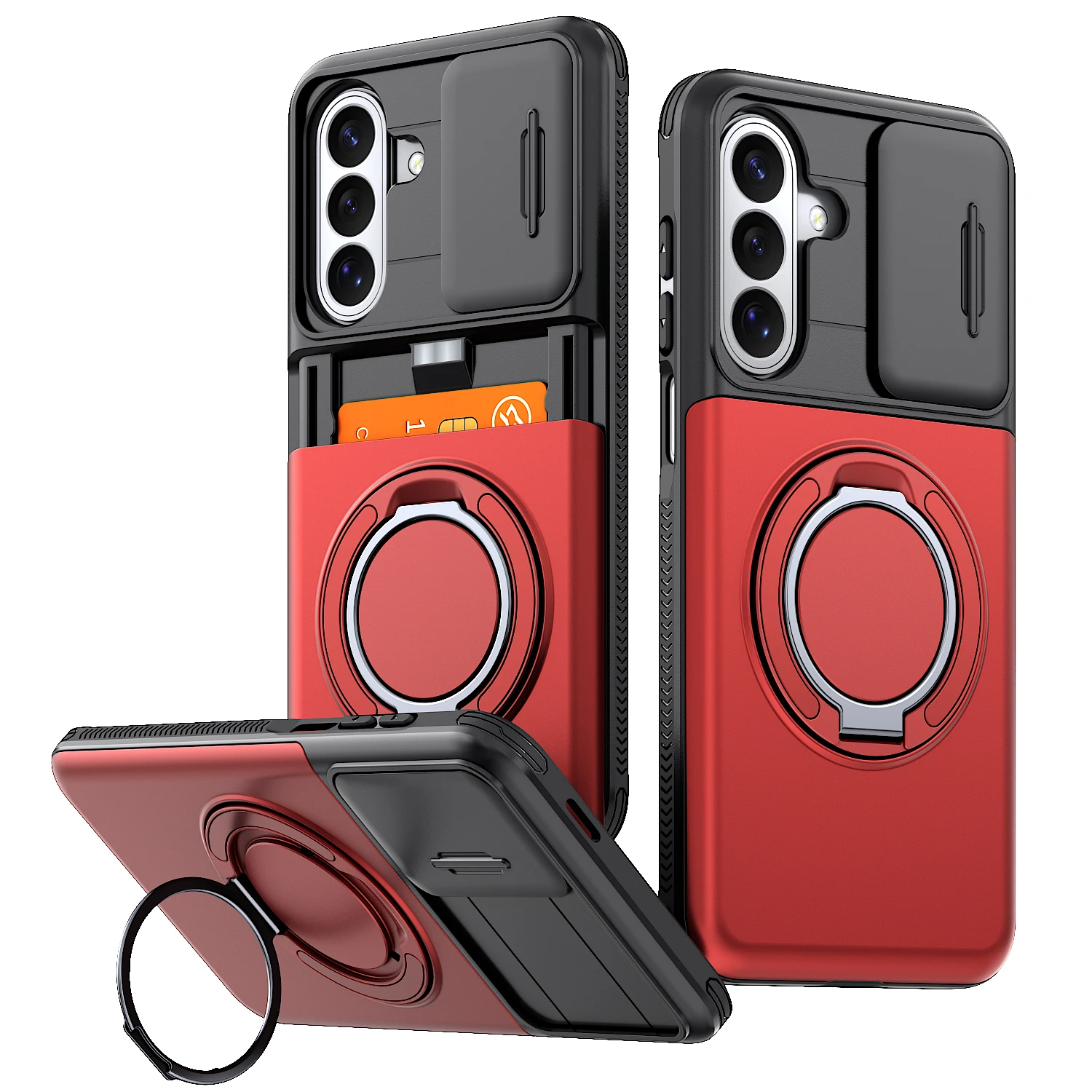 Armor Ring Bracket Holder with Card Slot and Sliding Camera Protection Cover