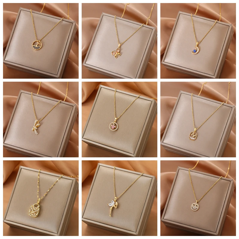 XIYANIKE 316L Stainless Steel Women Necklace Multi Style Gold Color Crystal Decoration Necklaces Woman Fashion Ladies Jewelry